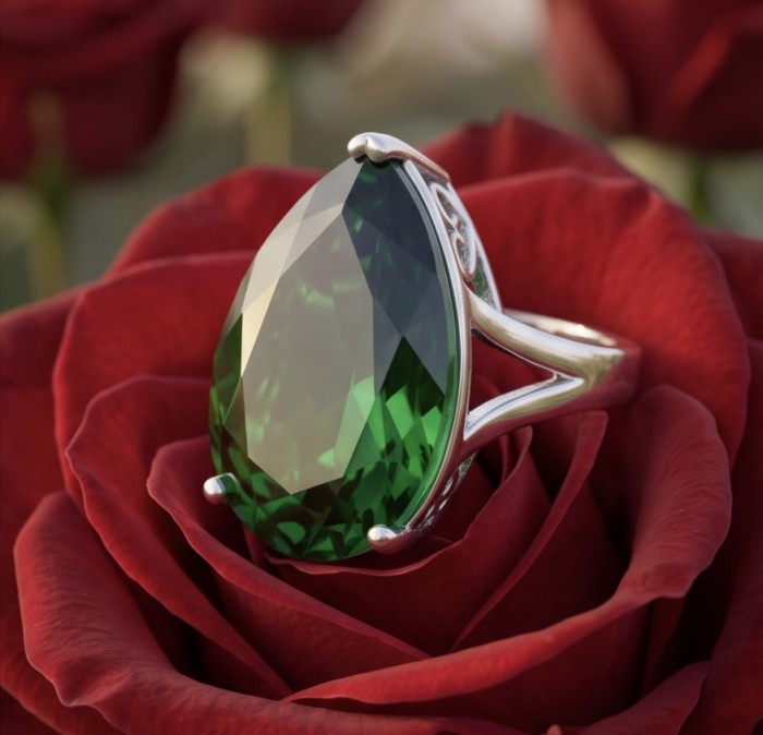 Exotic Beauty oval cut 29.5 carat Helenite .925 Sterling Silver handmade Ring s. 7 - Close-up of Exotic Beauty 29.5 carat Helenite ring on a red rose.