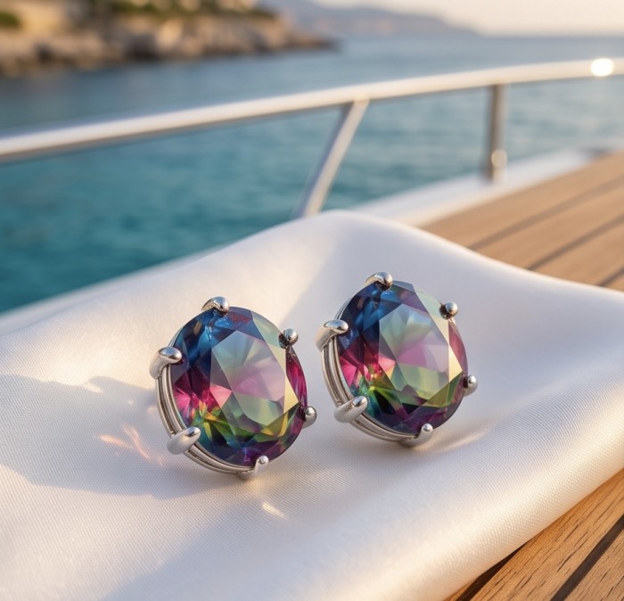 Luxurious authentic 11.2 carat Brazilian Tourmaline .925 Sterling Silver handcrafted earrings - Close-up of Brazilian tourmaline earrings on a yacht railing.