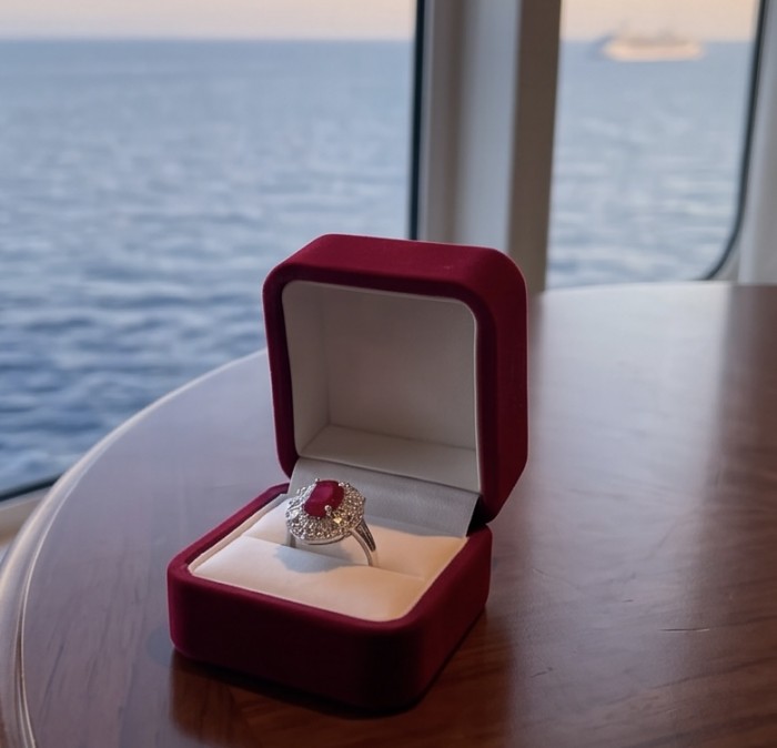 Scarlett 4.7 ctw Mozambique Ruby .925 Sterling Silver handcrafted Statement Ring size 7 1/2 - Ruby ring in velvet box with ocean view, top angle.