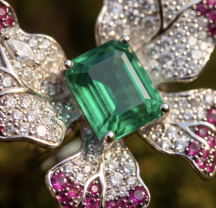 Iconic design - Exclusive Bow- Natural 4.5 carat carved Emerald pave 3.4 carat Ruby rhodium over .925 Sterling Silver handcrafted ring size 6 1/2 - Close-up of bow-shaped jewelry with 4.5 carat emerald centerpiece