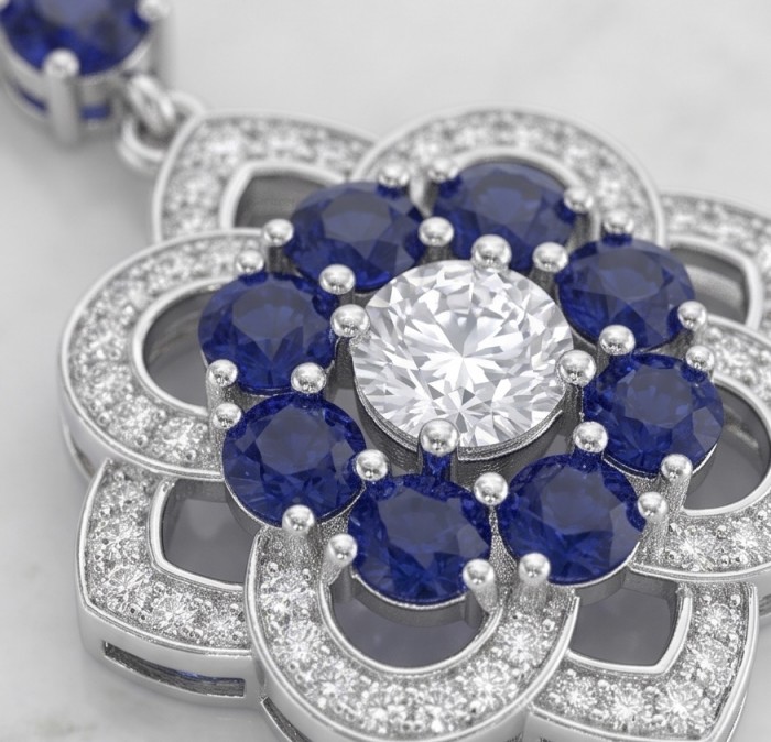 Art Deco - Authentic 4.5 carat Sapphire rhodium over .925 Sterling Silver handcrafted earrings - Close-up of Art Deco pendant with sapphires and central diamond.