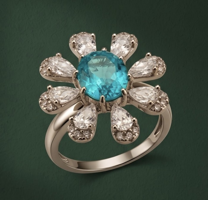 WONDERLAND 3.8 carat Paraiba Tourmaline rhodium over .925 Sterling Silver Handcrafted Ring size 9 - Close-up of flower-shaped ring with Paraiba Tourmaline centerpiece.