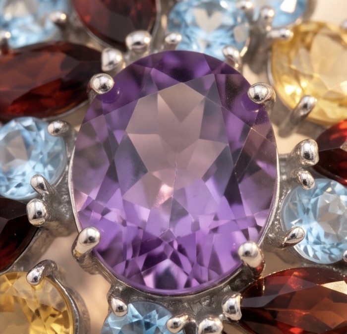 Natural 19.6 carat Fancy cut Amethyst rhodium over .925 Sterling Silver handmade pendant - Close-up of multi-gemstone setting with amethyst centerpiece