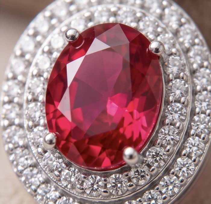 Vintage style - Giovanna - 4.8 carat Red .925 Sterling Silver handcrafted earrings - Close-up of vintage style red stone ring with diamond accents