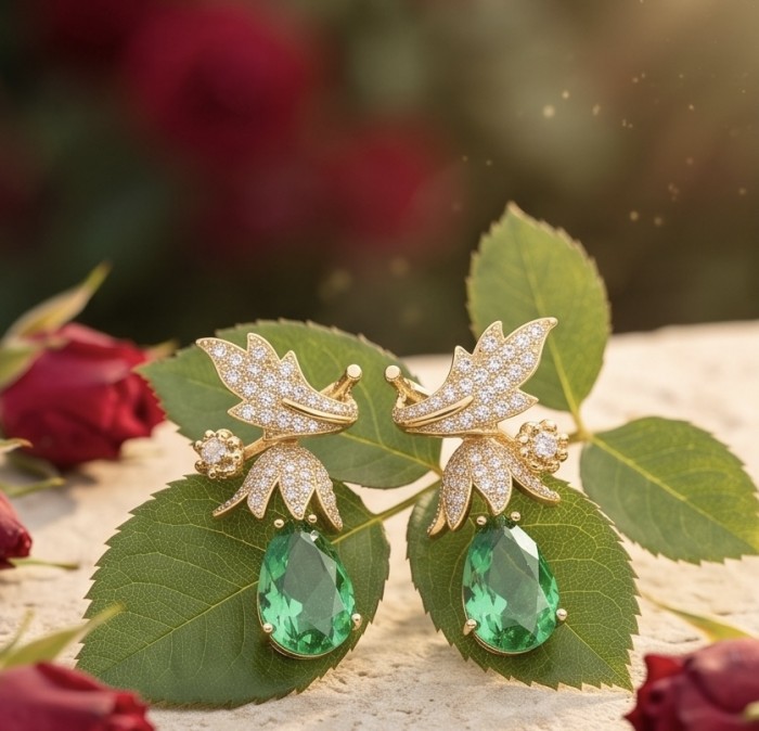 Green Cascade - 12.5 carat Green Topaz 14K Gold over .925 Sterling Silver handmade Statement earrings - Elegant earrings with green topaz, top view, on leaves.