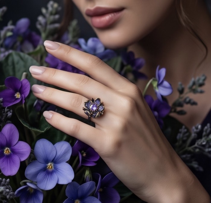 Exotic Flower 4.2 carat Amethyst .925 Sterling Silver dipped in Rhodium 18K Gold Handcrafted Ring size 8 - Amethyst flower ring worn on hand with purple flowers in background.