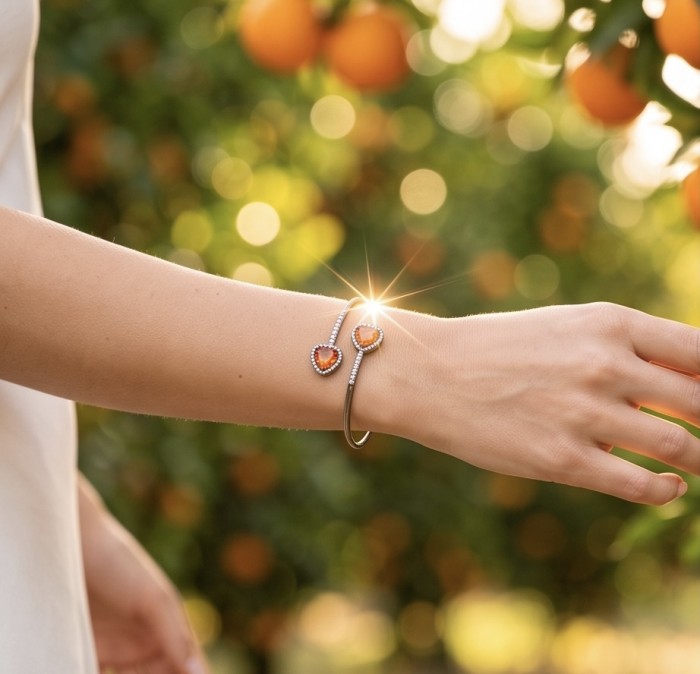 Two Hearts 10.8 carat White Topaz black rhodium over .925 Sterling Silver highly polished bracelet - Bracelet with heart-shaped stones worn on wrist in orange grove.
