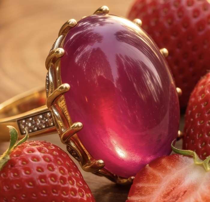 Abundant Blessings - Precious - Genuine 38.5 carat Star Ruby 18K Gold over .925 Sterling Silver handmade Ring size 7 - Close-up of a 38.5 carat ruby ring beside strawberries.