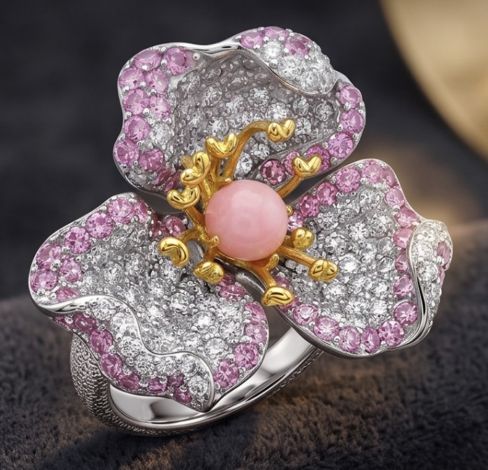 Rose Authentic 2.5 carat Pink Opal 4.9 carat pave MOISSANITE .925 Sterling Silver brilliantly dipped in rhodium 2 tones handcrafted Statement ring; s. 7 - Close-up of floral ring with pink opal and moissanite stones.