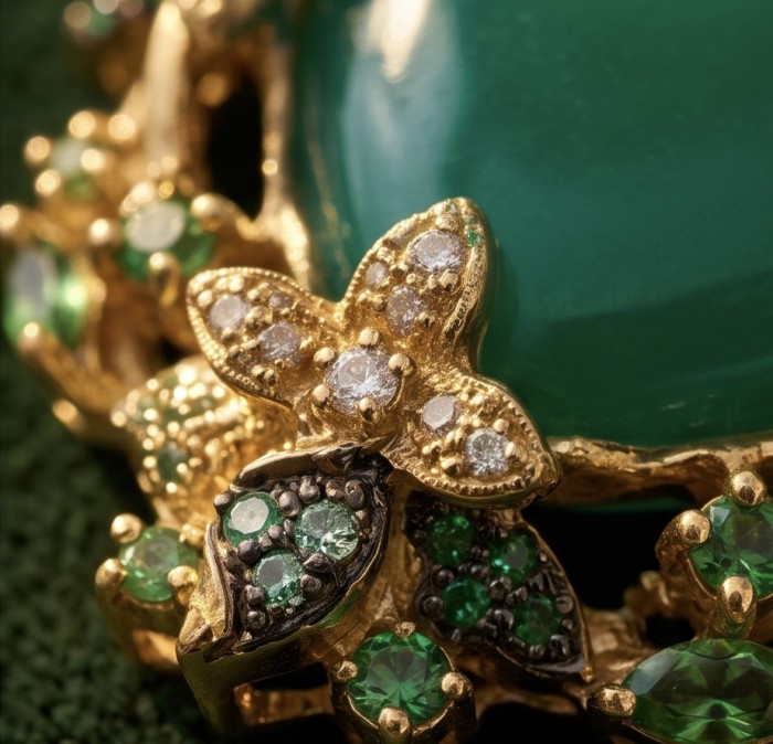 Power of Nature Unique 27.5 CARAT Green Jade 1.8 carat pave Emerald 18K Gold over .925 Sterling Silver handcrafted pendant - Close-up of Power of Nature 27.5 carat green jade with diamond accents.