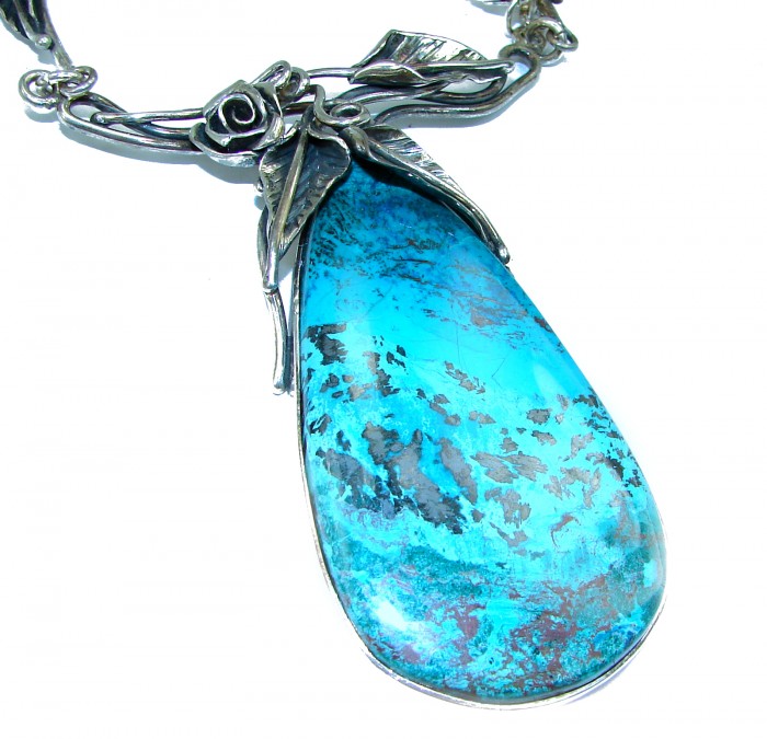 Great quality Chrysocolla .925 Sterling Silver handcrafted HUGE Necklace - photo 2