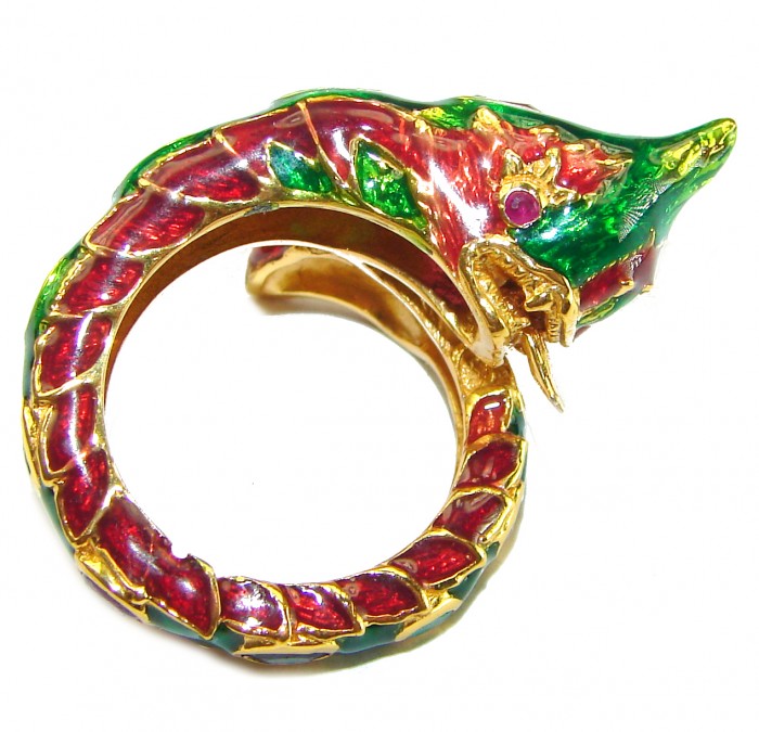 Dragon - symbolizes supernatural power- Enamel Ruby 18K Gold over .925 Sterling Silver Huge handcrafted Ring s. 8 1/4 - photo 1