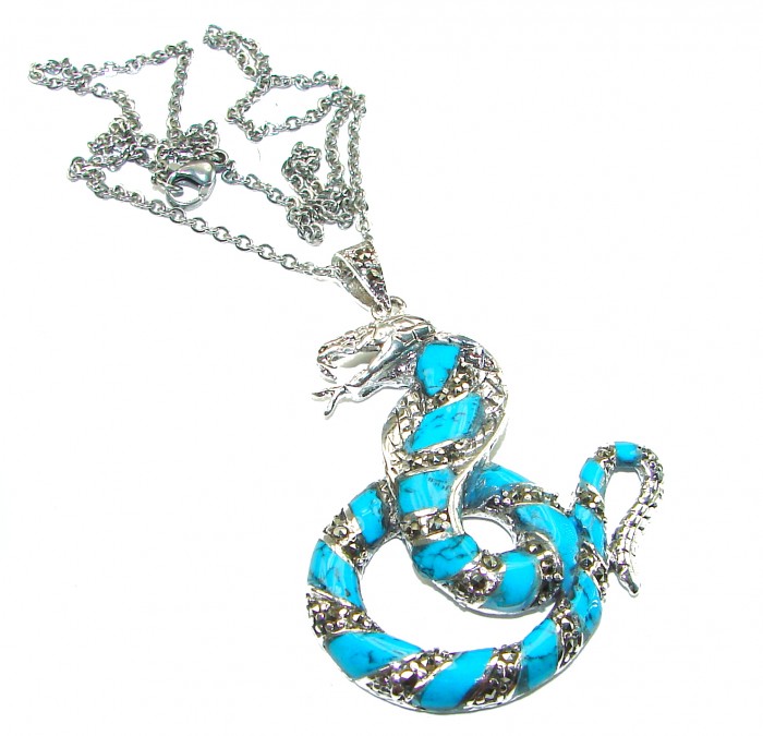 Boa snake Genuine inlay Turquoise Marcasite .925 Sterling Silver handmade handcrafted Necklace - photo 3