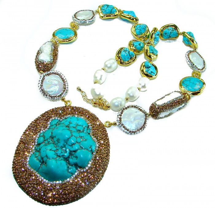 Blue Extravaganza - 84.5 carat natural Turquoise 14k Gold over .925 Sterling Silver handmade necklace, 154.50 grams - photo 4