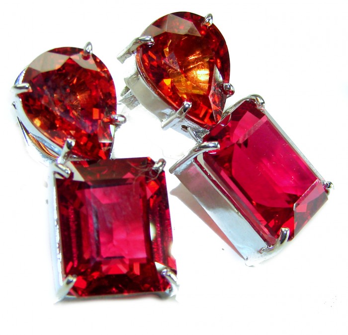 Blooming Rose baguette cut 19.5 carat Red Topaz .925 Sterling Silver handmade Statement earrings - photo 3