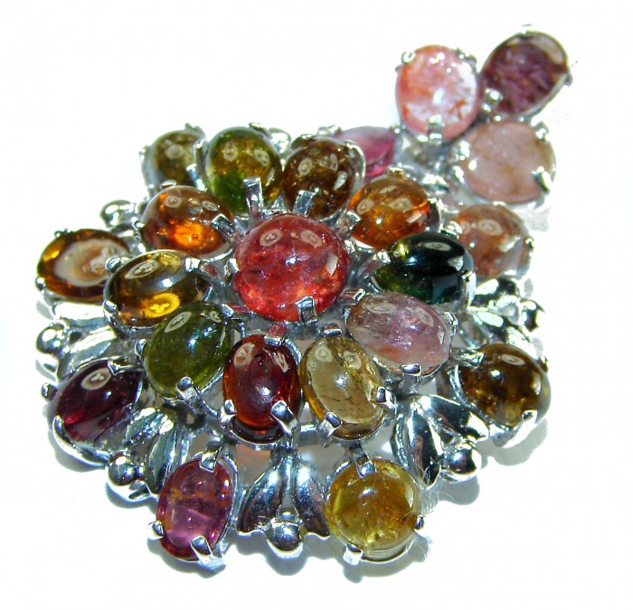 Rio de Janeiro- 19.5 carat Brazailian Watermalon Tourmaline .925 Sterling Silver handcrafted Pendant - Close-up of multicolored watermelon tourmaline cluster in silver setting.