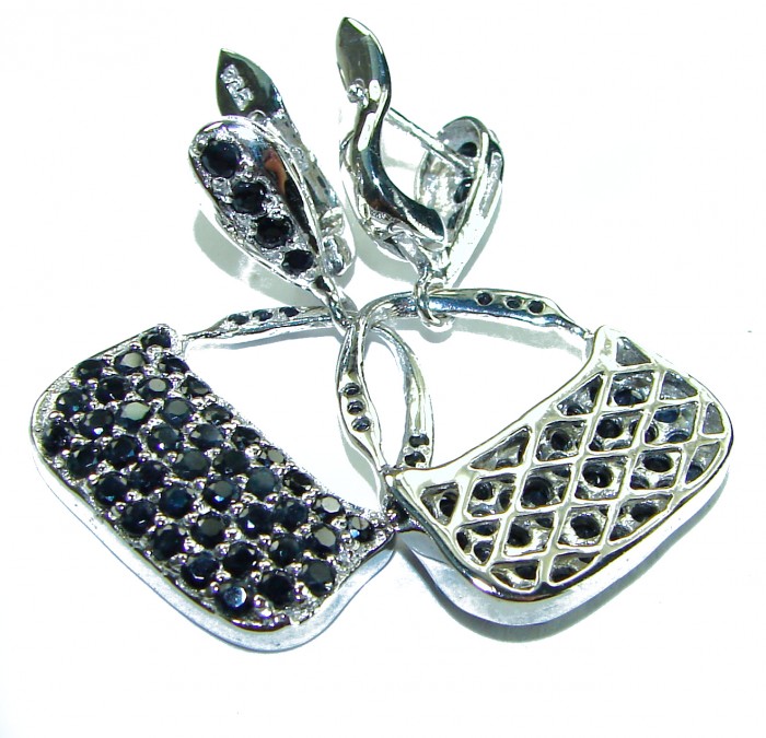 Luxurious BlueBags authentic 10.8 carat Sapphire black rhodium .925 Sterling Silver handcrafted earrings - Luxurious BlueBags sapphire earrings, close-up of intricate clasp detail.