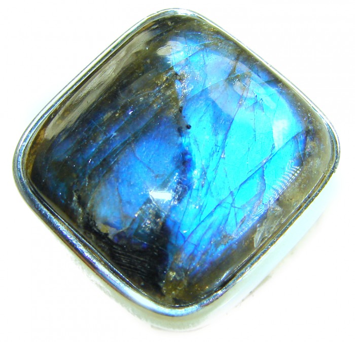Shimmering Natural Labradorite .925 Sterling Silver handcrafted Large ring size 8 adjustable - Close-up of shimmering natural labradorite in sterling silver setting.