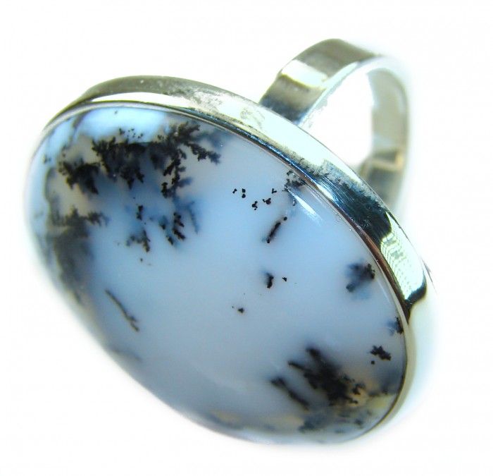 Top Quality Dendritic Agate .925 Sterling Silver handcrafted Ring s. 7 adjustable - Close-up of a dendritic agate ring in .925 sterling silver setting.
