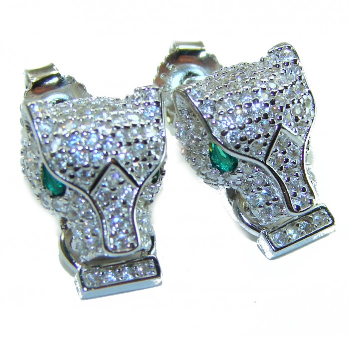 Precious Panthers 0.4 carat Emerald White Sapphire .925 Sterling Silver earrings - Panther-shaped earrings with emerald eyes, front view, white sapphire detail.