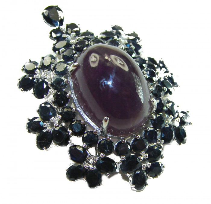 Mademoiselle - Vintage Design 35.4 CARAT Amethyst Sapphire .925 Sterling Silver handcrafted Pendant & Brooch - Close-up of Mademoiselle vintage design amethyst and sapphire brooch.