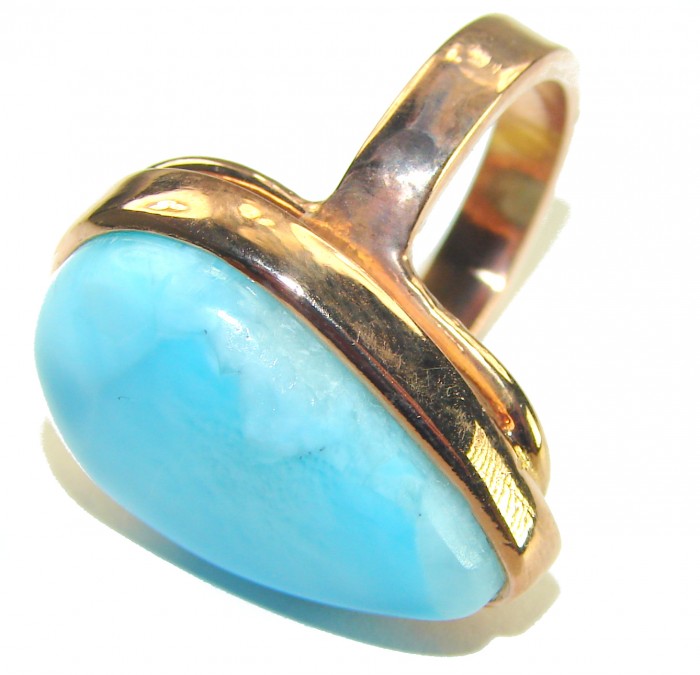 Blue Perfection AAAA QUALITY Blue Larimar 18K Gold over .925 Sterling Silver handmade Large ring size 8 adjustable - Blue Larimar ring 18K gold side view close-up