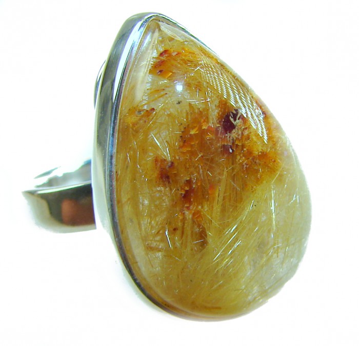 14.2 carat Himalayan Golden Rutilated Quartz .925 Sterling Silver handcrafted Ring Size 7 - Close-up of teardrop Himalayan Golden Rutilated Quartz ring in silver setting.