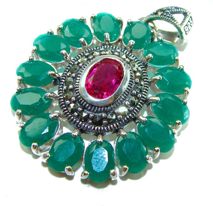 Circle of Life 8.2 carat authentic Ruby Emerald .925 Sterling Silver handmade Pendant - Circle of Life pendant stone close-up showing Ruby and Emerald gems