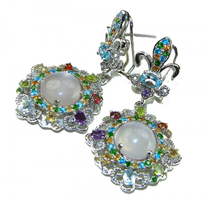 Celtic Spirit authentic fancy cut 22.5 carat Rose Quartz .925 Sterling Silver handcrafted Statement earrings - Close-up of Celtic Spirit drop earrings with multicolored gemstones