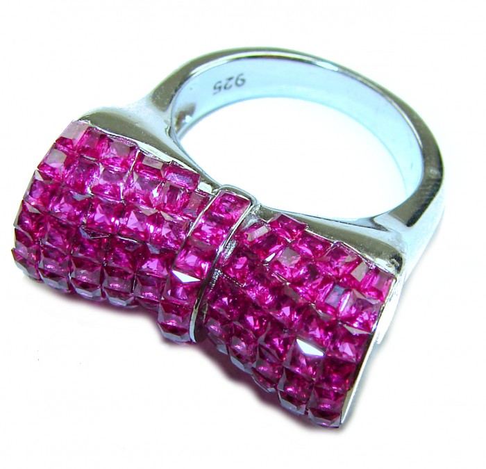 Luxurious Bow - natural 15.5 carat Ruby .925 Sterling Silver handmade Statement Ring size 6 1/2 - Bow-shaped ring with rubies, top view, .925 sterling silver band.
