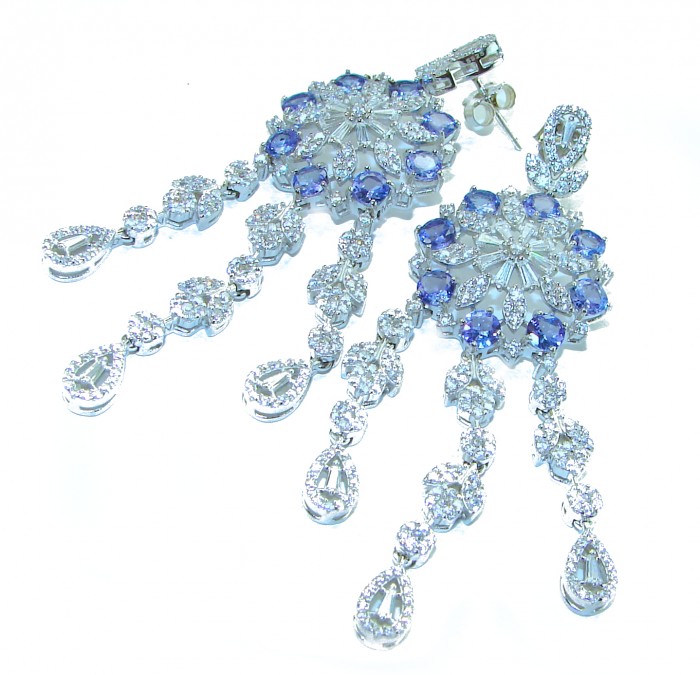 Elizabeth Natural luxurious Floral design 28.5 carat Tanzanite .925 Silver handcrafted earrings - Luxurious floral earrings with tanzanite and diamonds, front view.