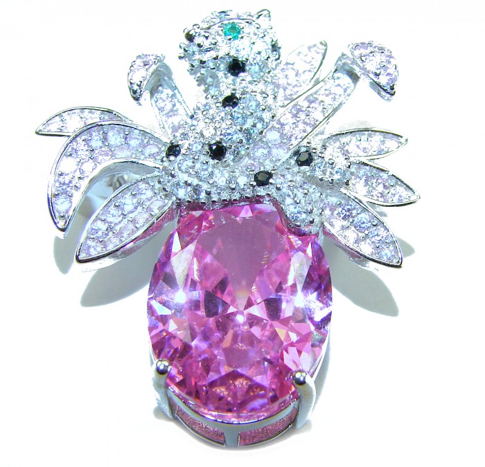 Pink Cheetah authentic 12.5 carat Swiss Blue Topaz .925 Sterling Silver Handcrafted pendant brooch - Pink Cheetah ring, top view, showcasing 12.5 ct Swiss Blue Topaz and gems.