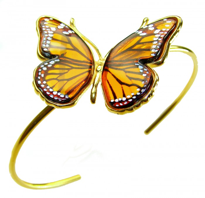 Golden Butterfly Genuine carved Baltic Amber .925 Sterling Silver dipped in 18K Gold handamde Bracelet - Golden butterfly bracelet showcasing amber enamel, top view.