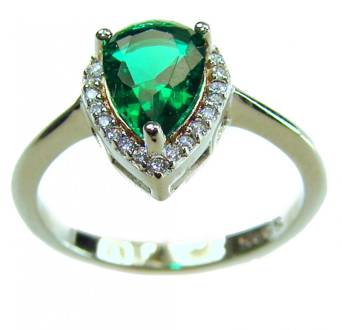 Gabriella 4.2 carat authentic Emerald rhodium over .925 Sterling Silver handcrafted Statement Ring size 7 1/4 - Close-up of emerald ring with diamond halo, rhodium over sterling silver.
