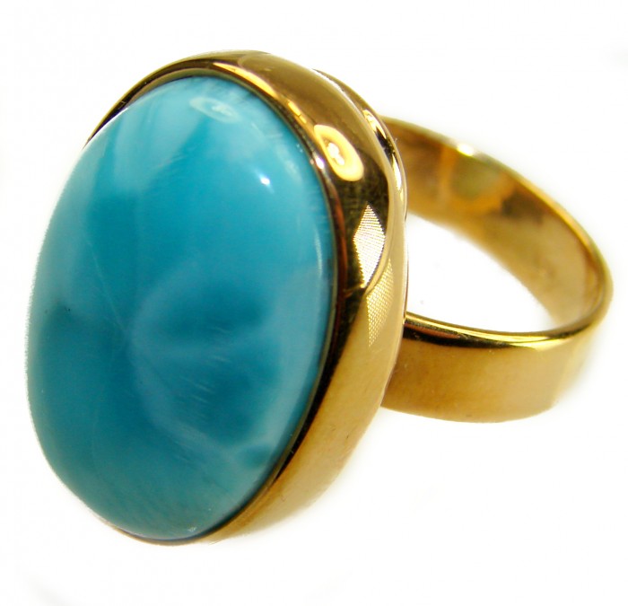 Blue Perfection Top QUALITY Blue Larimar 18K Gold over .925 Sterling Silver handmade Large ring size 6 adjustable - Side view of blue Larimar stone set in 18K gold ring.