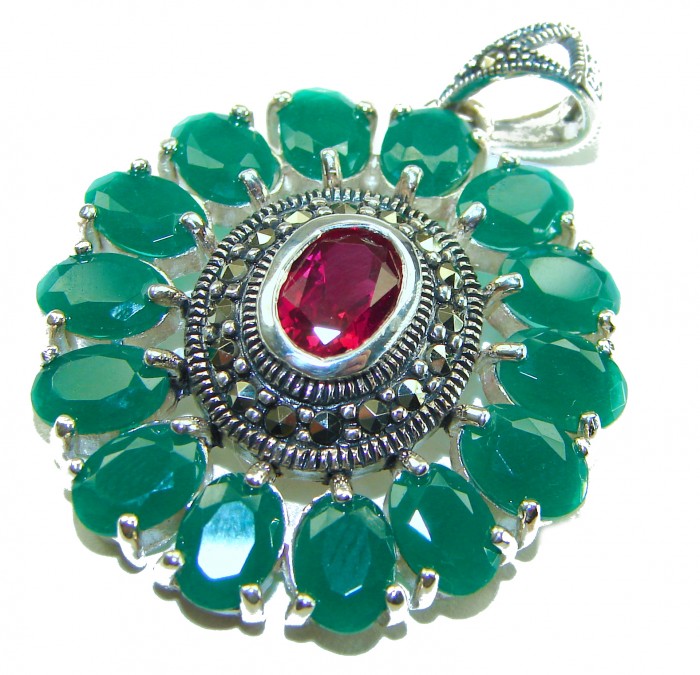 Circle of Life 15.2 carat authentic Ruby Emerald .925 Sterling Silver handmade Pendant - Close-up of Circle of Life pendant with ruby and emerald stones