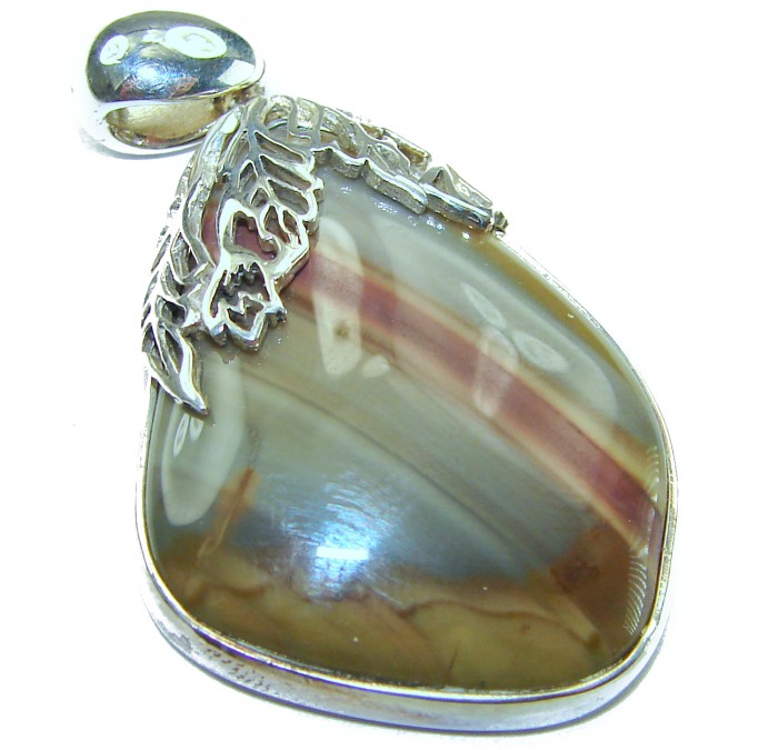Perfect quality Imperial Jasper .925 Sterling Silver handmade Pendant - Close-up of Imperial Jasper pendant with silver leaf detail.