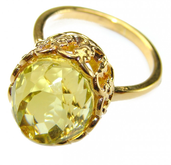 Summer Friday 14.8 carat Genuine Lemon Quartz 18K Gold over .925 Sterling Silver handcrafted ring size 10 - Close-up of Summer Friday 14.8 carat lemon quartz ring in 18K gold.
