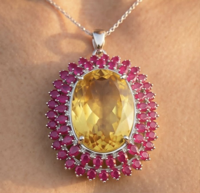 Large Beauty genuine 32.5 carat Lemon Quartz Ruby .925 Sterling Silver handmade Pendant - Close-up of Lemon Quartz and Ruby necklace worn on neck