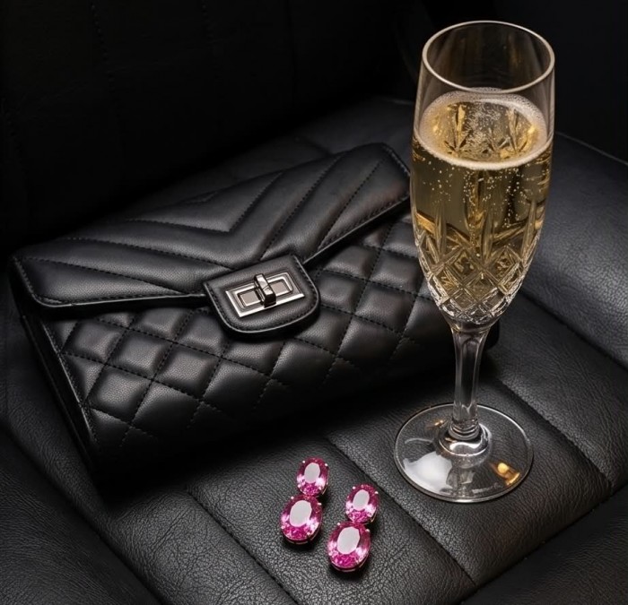 Large - Tiffany - authentic oval cut 49.7 carat Pink Sapphire .925 Sterling Silver handcrafted Earrings - Pink sapphires with clutch and champagne flute on leather background.