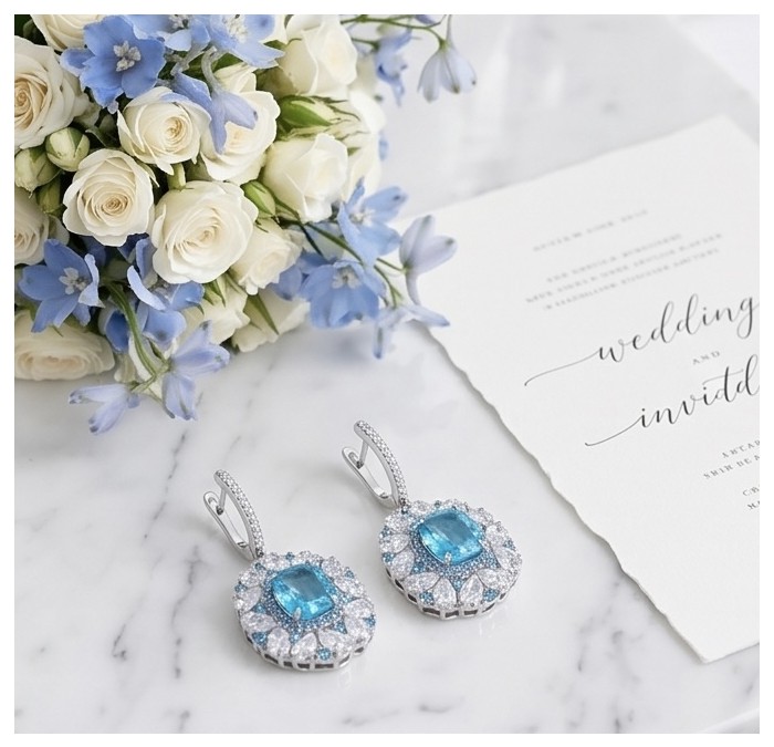 Atlantica 19.7 carat Genuine Aquamarine RHODIUM OVER .925 Sterling Silver Handcrafted Statement earrings - Aquamarine earrings on marble near bouquet and wedding invite, top view.