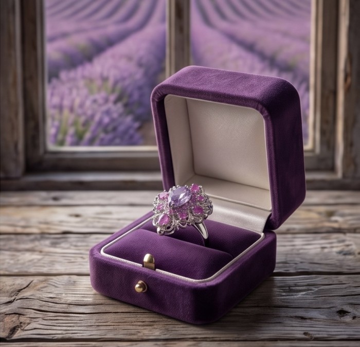 Francesca Genuine 18.7 carat Amethyst Kashmir Ruby rhodium over .925 Sterling Silver handcrafted Statement Ring size 7 - Amethyst and ruby ring in purple box, lavender field in background.