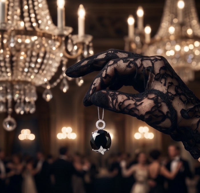 Black Rose - Oval shape Genuine 20.5 carat Onyx .925 Sterling Silver handcrafted pendant - Lace-gloved hand holding Seductive Stone 20.5 ct Onyx pendant at a gala.