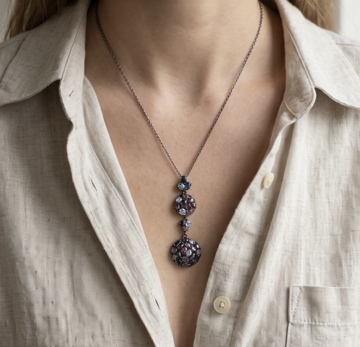 Serenity 22.5 carat Brazilian Watermalon Tourmaline black rhodium over .925 Sterling Silver handmade Pendant - Necklace with 22.5 ct Brazilian Watermelon Tourmaline, worn on neck.