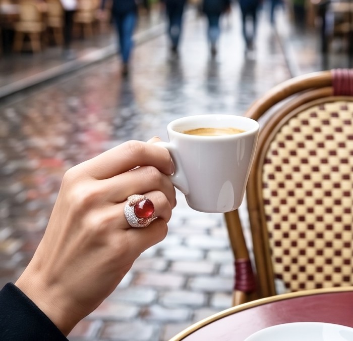 Abstract Beauty 24.6 ctw Red Topaz 6.2 carat pave Ruby .925 Sterling Silver dipped in 22K Rose Gold handcrafted Statement Ring size 7 - Red topaz ring worn on hand holding an espresso cup in outdoor setting.