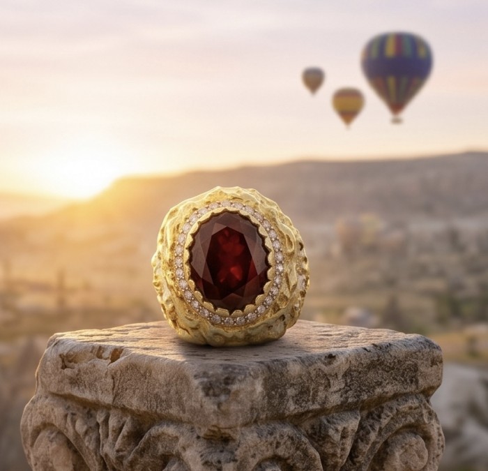 Empress of Love 24.6 ctw Mozambique Ruby .925 Sterling Silver dipped in 22K Gold handcrafted Statement Ring size 9 - Close-up of Empress of Love ring with ruby, hot air balloons in background.