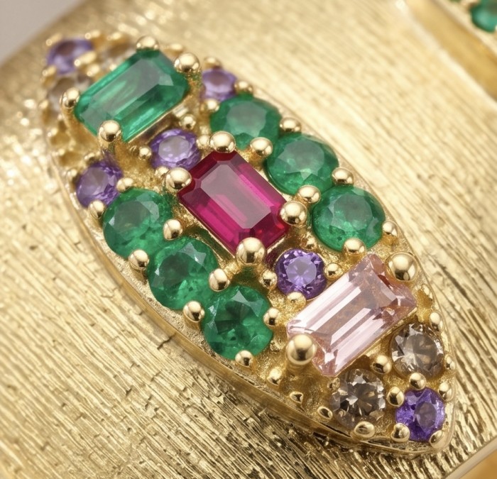 Byzantine design Authentic 4.2 carat 18K Gold over .925 Sterling Silver handcrafted Large Ring s. 8 - Close-up of colorful gemstones on Byzantine design 18K gold jewelry.