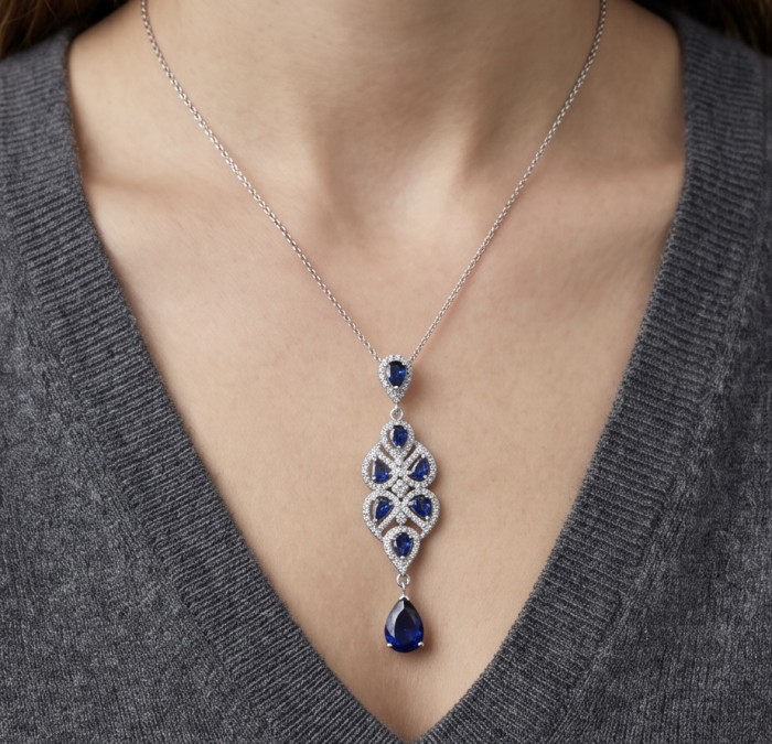 Born to Glam 4.2 carat natural Sapphire .925 Sterling Silver Perfectly handcrafted Pendant - Sapphire pendant necklace on model, showing full front view.