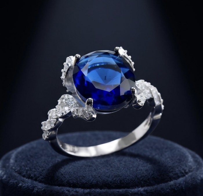 Julietta 6.5 carat Sapphire .925 Sterling Silver handmade Statement ring size 7 1/4 - Close-up of Julietta 6.5 carat sapphire ring on display stand