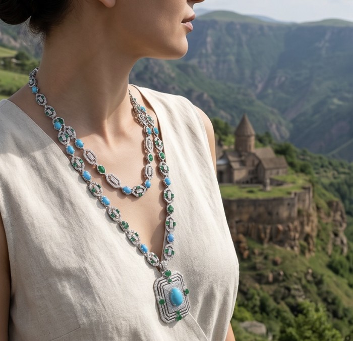 Art Deco - Pacifica - 178.4 carat Turquoise Emerald .925 Sterling Silver handmade Statement necklace; 24 inches long - Side view of turquoise and emerald Art Deco necklace worn outdoors.